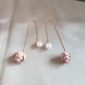 New front back lilac flower faux pearl earrings